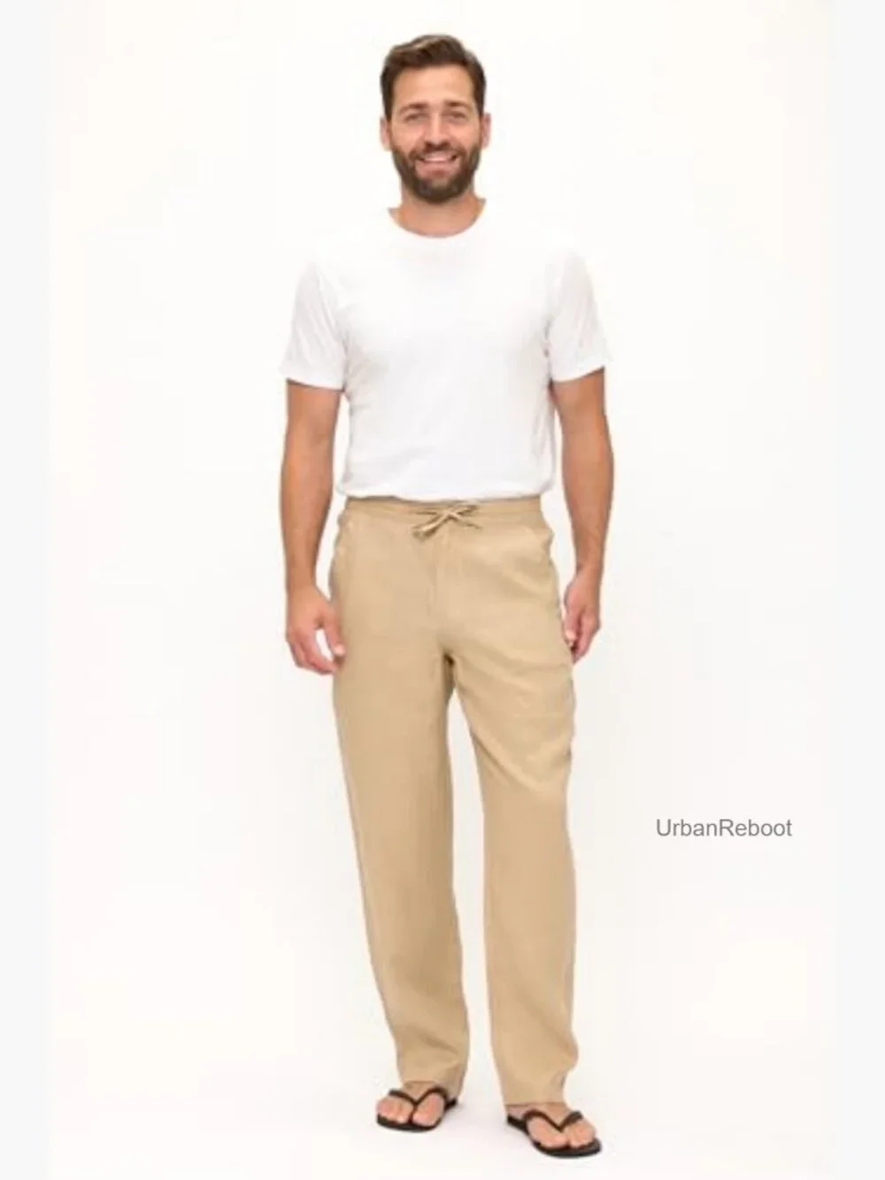 Men's 100% Linen Drawstring Elastic Waist Casual Pants